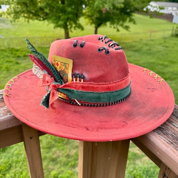 Hand Burned Hat, Whipstitched Kente Cloth Fabric Attached, African Suede Hat main image 4